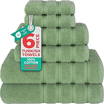 American Soft Linen Luxury 6 Piece Towel Set, 2 Bath Towels 2 Hand Towel 2 Washcloths, 600 GSM 100% Cotton Turkish Towels for Bathroom, Sage Green Towel Sets
