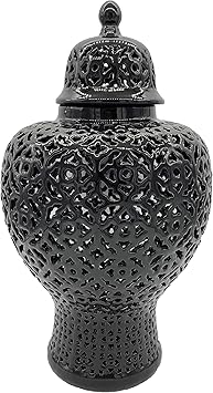 Galt International 23" Hand Carved Cutout Lattice Ginger Jar with Lid - Porcelain Home Decor with Intricate Mediterranean Inspired Filigree Lattice Work Decoration (Black)