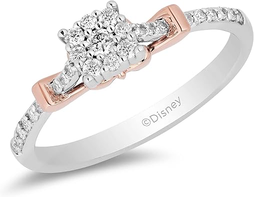 Jewelili Enchanted Disney Fine Jewelry 10K White and Rose Gold with 1/5 Cttw Diamond Snow White Promise Ring