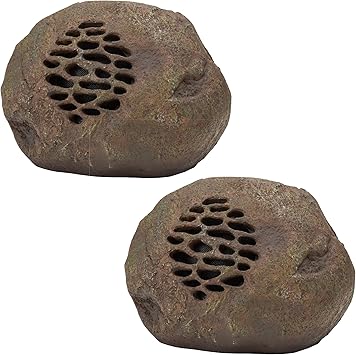Alpine Corporation 9" Tall Solar Bluetooth Rock Speaker, Weather-Resistant High Fidelity Outdoor Audio System with 50 Foot Range, Brown - Set of 2