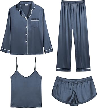 SWOMOG Womens 4pcs Pajamas Sets Silk Satin Pjs Sexy Cami Shorts Set Button Down Long Short Sleeve Sleepwear Loungewear
