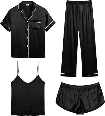 SWOMOG Womens Silk Satin Pajamas Sets 4pcs Sleepwear Sexy Cami Shorts Set and Button Down Short Sleeve Pjs Loungewear