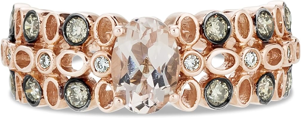 LE VIAN 14K Rose Gold, Oval Morganite & 2/5 Cttw White/Chocolate Diamond Flower Fashion Ring (H-I & Fancy Brown Color, SI1-SI2 Clarity)- Size 7