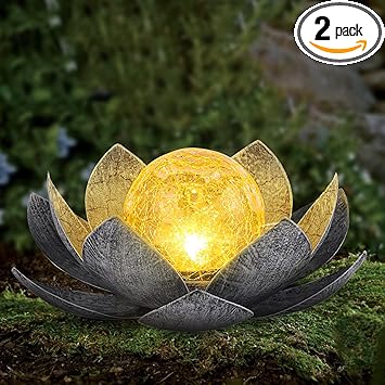 AIINY Garden Solar Light Outdoor(2Pack), Amber Crackle Globe Glass Lotus Decoration, Waterproof Gary Metal LED Flower Lights for Patio,Lawn,Walkway,Tabletop, Garden Gifts for Women