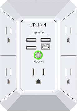 Wall Charger, Surge Protector, QINLIANF 5 Outlet Extender with 4 USB Charging Ports, 3-Sided 1680J Power Strip Multi Plug Adapter Spaced for Home Travel Office