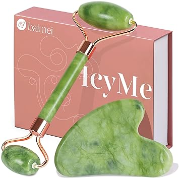 BAIMEI IcyMe Gua Sha & Jade Roller Set, Cooling Face Roller & Gua Sha Tool for Depuffing, Facial Sculpting & Jawline Definition, Smooth Rolling Skincare Tools for Women & Men – Green