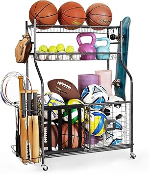 Mythinglogic Garage Sports Equipment Organizer, Baseball Storage Large Capacity, Sports Organizer for Garage with Hooks and Baskets, Ball Storage Rack for Football, Soccer Ball, Bat, Toys