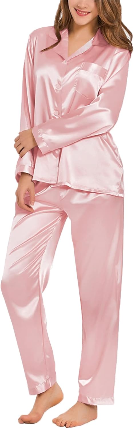 SWOMOG Long Sleeve Pajamas Set Silk Satin Sleepwear Button Down Pjs Loungewear with Pocket