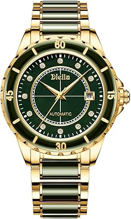 Diella Automatic Watches for Men with Jade & Stainless Steel, Rhinestones Men’s Wrist Watches Luxury Mechanical Waterproof Dress Watch (Model: AD6020)