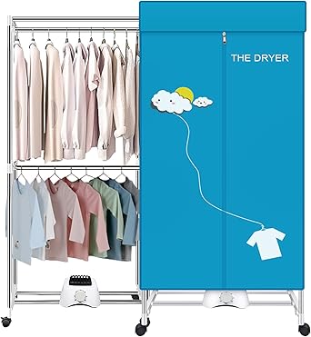 Portable Dryer, 110V 1000W Electric Clothes Dryer Machine, Double Layer Stackable, Stainless Steel, Blue, 15kg Capacity, Front Load, Ideal for Apartments, RV, Families, Campers