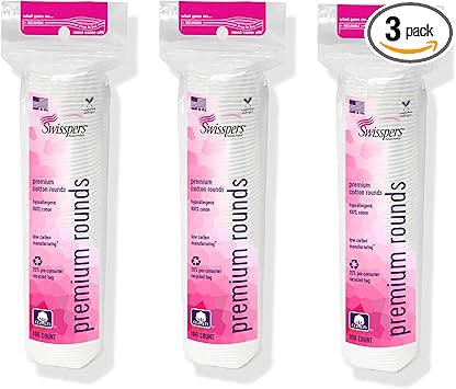 Swisspers Premium Cotton Rounds, Dual Sided Pads - 100 Pads (Pack of 3) - 100% Pure Chlorine-Free Cotton, Hypoallergenic & Dermotologist Tested - Cotton Pads for Makeup & Nail Polish Removal