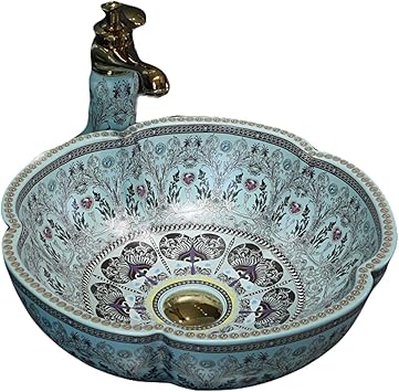 Ceramic Bathroom Vessel Sink Light Blue Flower Shape Porcelain Countertop Sink for Bar and Cloakroom