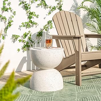 Glitzhome Outdoor Side Table, Round Accent End Table, Lightweight Hourglass Faux Terrazzo Decorative Garden Stool, 17.75" H White Planter Stand for Patio Porch Balcony Living Room