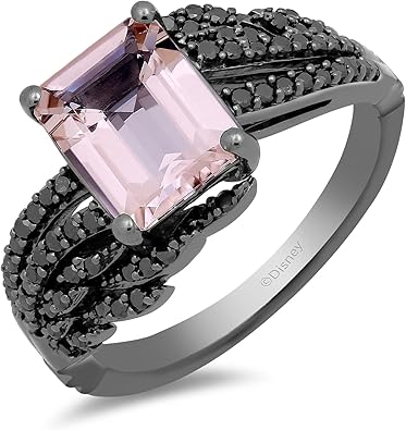 Jewelili Enchanted Disney Fine Jewelry Black Rhodium Over Sterling Silver 9x7MM Octagon Morganite and 1/3 Cttw Treated Black Round Diamonds Maleficent Aurora Ring