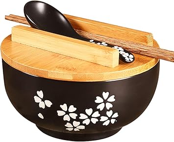 WHJY Black Ceramic Bowl with Lid, Spoon, Chopsticks for Soup, Rice, Noodles. Japanese Traditional Style Tableware.