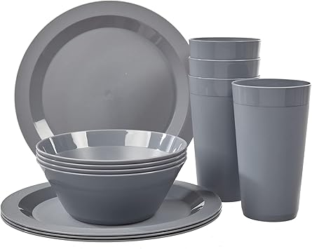 US Acrylic Newport Plastic Plate, Bowl and Tumbler Dinnerware Set for 4 in Grey Stone | 12-Piece Drinking and Dining Set | Reusable, BPA-free, Made in the USA, Top-rack Dishwasher Safe