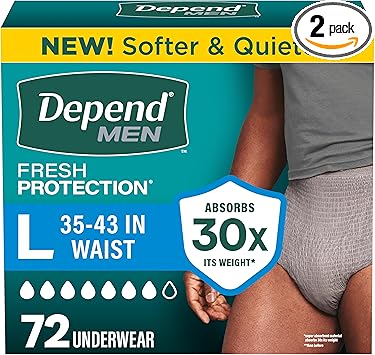 Depend Fresh Protection Adult Diapers, Incontinence Underwear for Men, Disposable, Maximum, Large, Grey, 72 Count (2 Packs of 36), Packaging May Vary
