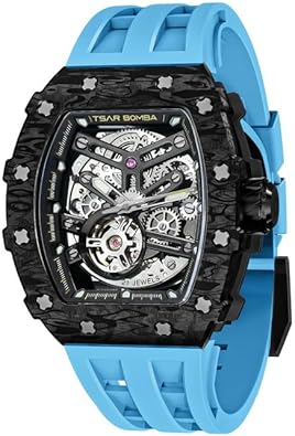 TSAR BOMBA Men's Automatic Watch Tonneau Luxury Skeleton Watches for Men Mechanical 50M Waterproof Analogue Watches Mens Unique Cool Silver Square Big Face Dial Wristwatch with Silicone Strap Band
