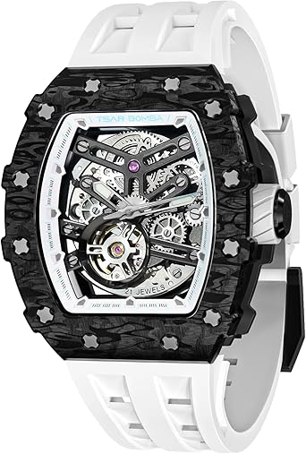 TSAR BOMBA Men's Automatic Watch Tonneau Luxury Skeleton Watches for Men Mechanical 50M Waterproof Analogue Watches Mens Unique Cool Silver Square Big Face Dial Wristwatch with Silicone Strap Band