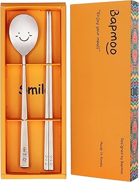 Korean Smiling Spoon and Chopsticks Set, Hangul Engraved Stainless Steel Tableware, Gift Ready Palace Inspired Box