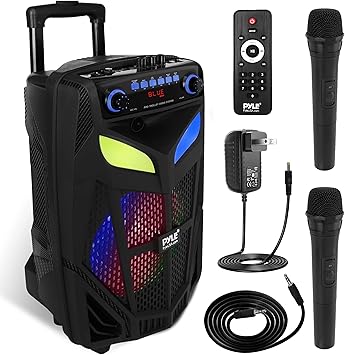 Portable Bluetooth PA Speaker System - 600W 10” Outdoor BT Speaker - Includes 2 Wireless Microphones, Party Lights, USB SD Card Reader, FM Radio, Rolling Wheels - Remote Control - Pyle PPHP101WMB