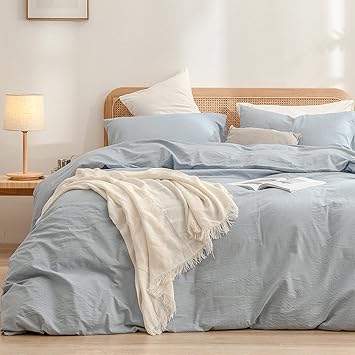 BESTOUCH Duvet Cover Set 100% Washed Cotton Linen Feel Super Soft Comfortable Chic Lightweight 3 PCs Home Bedding Set Cornflower Blue Queen