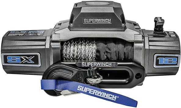 Superwinch 1712201 SX12SR 12V DC Electric Waterproof Recovery Winch 12,000lb/5,443kg Single Line Pull with Hawse Fairlead 3/8in x 85ft Synthetic Rope Corded Handheld and Wireless Remote No-Bind Clutch