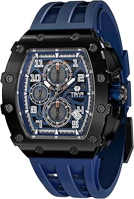 TSAR BOMBA Mens Watches Quartz Wristwatch for Men Waterproof 50M Analog Luxury Tonneau Chronograph Calendar Date Men’s Dress Business Work Watch Gift for Men