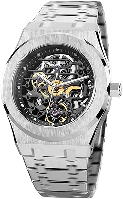 FEICE Watches for Men Automatic Skeleton Watch 42mm Case Stainless Steel Mechanical Anti Shock Waterproof Luminous Sapphire Crystal Analog Watches Business Wristwatch Adjustable Band FM019HOT