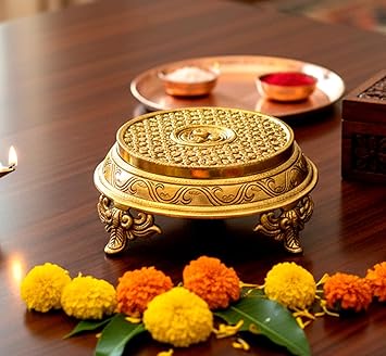eSplanade Brass Decorative Round Pooja God Stool | Brass Chowki | Home Decor Sitting Table - 7" Inches