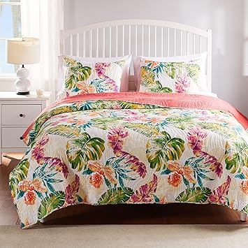Greenland Home Tropics Palm Leaves Coastal Cotton Blend Quilt Set, 3-Piece Full/Queen, Coral