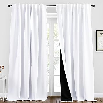 NICETOWN 100% Blackout Window Curtains, Cold and Full Light Blocking Drapes with Black Liner for Nursery, 95 Inches Thermal Insulated Draperies for Patio Door (Pure White, 2 Pieces, 70 inches Wide)