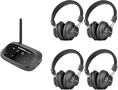 Avantree Quartet - 4 Wireless Headphones & 1 Transmitter for Multiple Group Listening Scalable to 100 with No Lip-Sync Delays for TV Watching, Silent Discos, Hearing Assistance in Church, and More