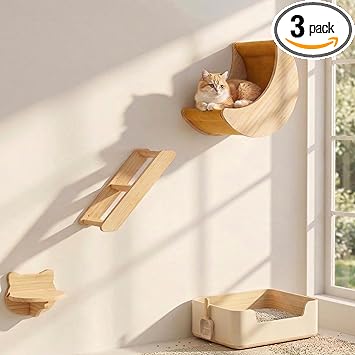 Cat Wall Shelves Set – Solid Wood Cat Wall Furniture with Moon Bed & Ladder, Wall Mounted Climbing Shelves for Indoor Cats, Space Saving Cat Gym Wall System (3pcs/Set)