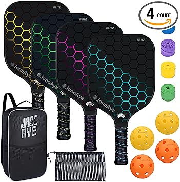 JoncAye Pickleball Paddles Set of 4 or 2, USAPA Approved Fiberglass Rackets with Outdoor Indoor Balls, Bag, Overgrip, Lightweight for Family, Professional Equipment for Beginners Intermediate