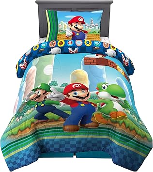 Super Mario Kids Twin Size Bedding, 4 Piece Super Soft Cozy Reversible Comforter and Sheet Set, (Officially Licensed Product) By Franco