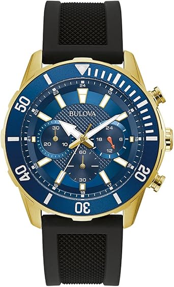 Bulova Men's Sport 6-Hand Chronograph Quartz Watch with Black Silicone Strap, 24 Hour Time, Calendar Date, Luminous Hands and Markers, 100M Water Resistant, 44mm