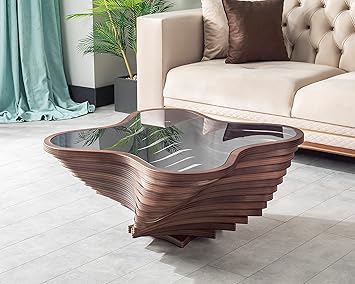 Papella Design Modern Coffee Table – Natural Walnut Veneer, Tempered Glass Top, Layered Wave Design, Rustic Wood, Contemporary Living Room Table, Luxury Home & Office Decor, Mesa de Centro para Sala.