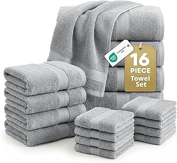 LANE LINEN 100% Cotton Turkish Towel Set for Bathroom - 16 Piece - Super Soft, Quick Dry & Highly Absorbent - 4 Bath, 8 Wash Cloths, 4 Hand Towels - Hotel Quality, Durable & Oeko-TEX Certified - Grey