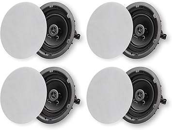 Micca 6.5" 2-Way in Ceiling or Wall Round Speakers, 4 Pack, 6.5 Inch Woofer, 8" Cutout Diameter, Low Profile Rimless Design, for Indoor Rooms or Covered Outdoor Porches, White, Paintable