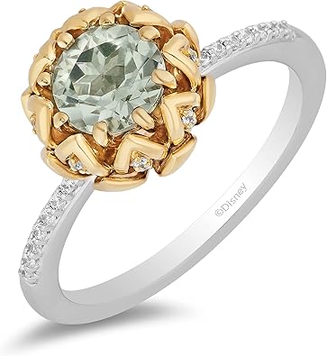 Jewelili Enchanted Disney Fine Jewelry 10K Yellow Gold and Sterling Silver 6 MM Round Green Amethyst and 1/8 Cttw Natural White Round Diamond Tiana Engagement Ring