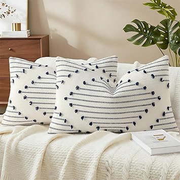 Mecatny Boho Summer Outdoor Throw Pillow Covers 12X20 Set of 2, Farmhouse Lumbar Pillow Covers for Couch Sofa Living Room, Navy & Cream White