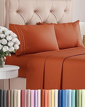 Queen Size 4 Piece Sheet Set - Comfy Breathable & Cooling Sheets - Hotel Luxury Bed Sheets for Women & Men - Deep Pockets, Easy-Fit, Soft and Wrinkle Free Sheets - Terracotta Oeko-Tex Bed Sheet Set