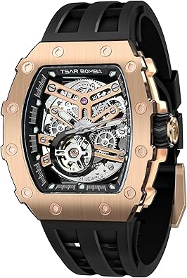 TSAR BOMBA Men's Automatic Watch Tonneau Luxury Skeleton Watches for Men Mechanical 50M Waterproof Analogue Watches Mens Unique Cool Square Big Face Dial Wristwatch with Silicone Strap Band