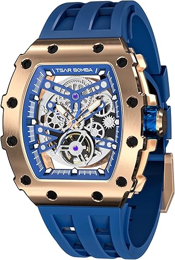 TSAR BOMBA Men's Automatic Watch Tonneau Luxury Skeleton Watches for Men Mechanical 50M Waterproof Analogue Watches Mens Unique Cool Silver Square Big Face Dial Wristwatch with Silicone Strap Band