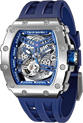 TSAR BOMBA Men's Automatic Watch Tonneau Luxury Skeleton Watches for Men Mechanical 50M Waterproof Analogue Watches Mens Unique Cool Square Big Face Dial Wristwatch with Silicone Strap Band