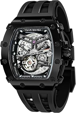 TSAR BOMBA Men's Automatic Watch Tonneau Luxury Skeleton Watches for Men Mechanical 50M Waterproof Analogue Watches Mens Unique Cool Square Big Face Dial Wristwatch with Silicone Strap Band