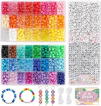 Quefe 48 Colors Bracelet Making Kit Pony Beads 4000pcs Kandi Beads for Friendship Bracelet Making Kit 2400 Plastic Rainbow Bulk and 1600 Letter Beads for Keychains Craft Jewelry Necklace