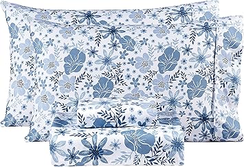 Mooreeke Queen Size Sheets Set - 4 Piece Soft Breathable Microfiber Bed Sheet Set - Blue & White Flower Pattern Sheet Set Queen - Deep Pocket Non-Slip Floral Fitted Sheet Included for All Season