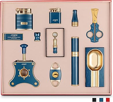 Cigar Cutter Set 10 Piece Cigar Lighters & Ashtray & Desktop Cigar Cutter & Scissors & Cigar Punch & Tube & Cigar Mouth Holder & Cigarette Holder, Luxury Smoking Gift Set